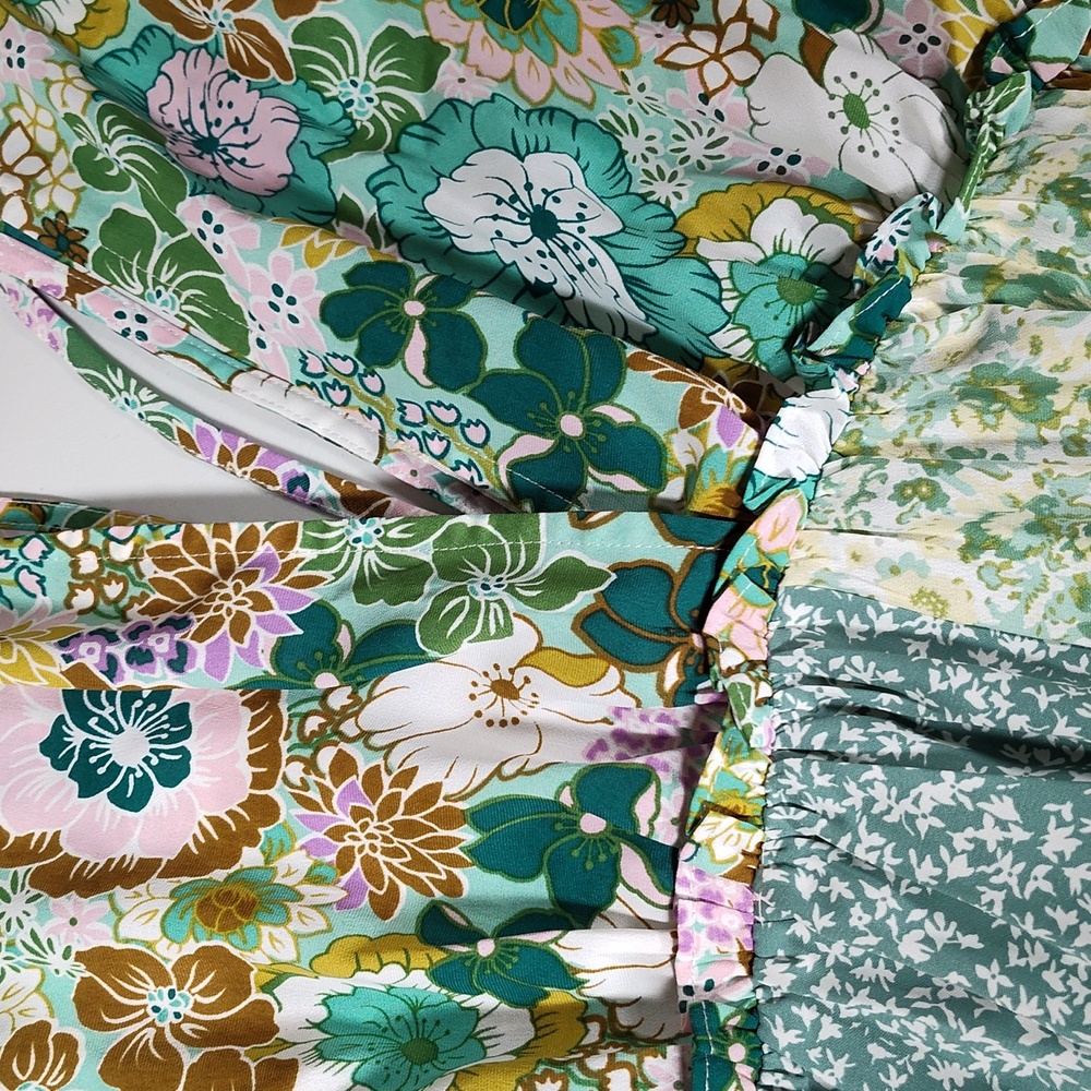 Umgee green floral patchwork kimono sleeve midi dress S - Picture 5 of 9